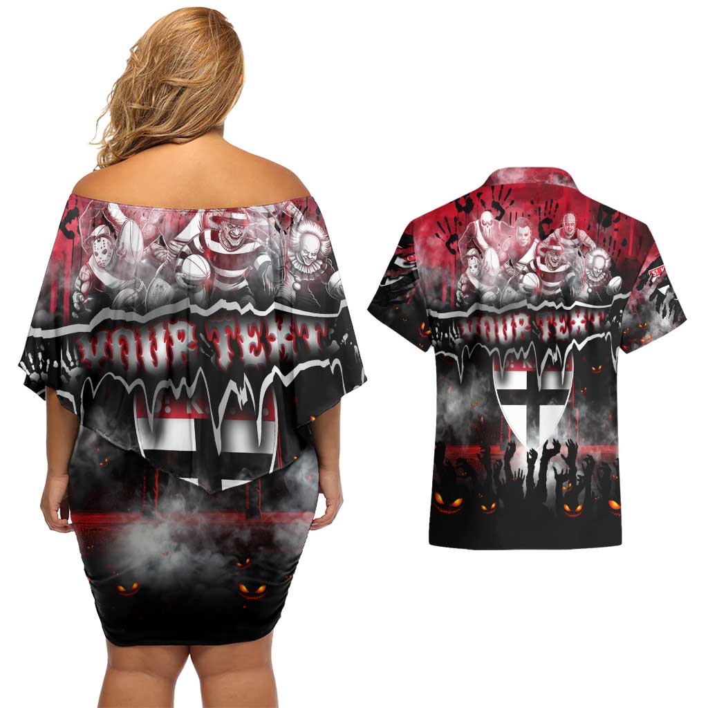 Step Into Horror Domain Saints Football Couples Matching Off Shoulder Short Dress and Hawaiian Shirt Halloween Horror Movie Characters - Aussie Hoodie