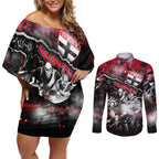 Step Into Horror Domain Saints Football Couples Matching Off Shoulder Short Dress and Long Sleeve Button Shirt Halloween Horror Movie Characters - Aussie Hoodie