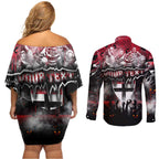 Step Into Horror Domain Saints Football Couples Matching Off Shoulder Short Dress and Long Sleeve Button Shirt Halloween Horror Movie Characters - Aussie Hoodie