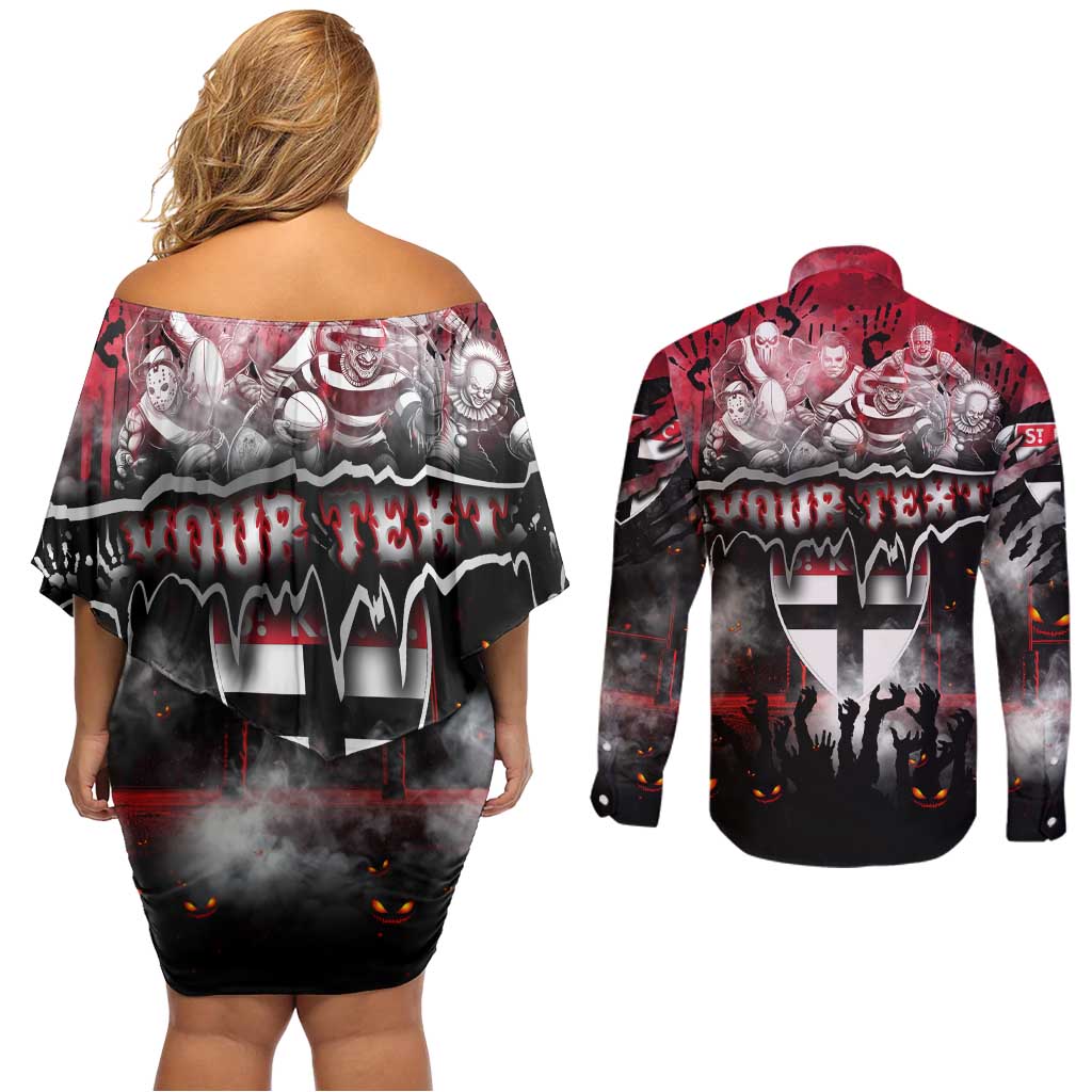 Step Into Horror Domain Saints Football Couples Matching Off Shoulder Short Dress and Long Sleeve Button Shirt Halloween Horror Movie Characters - Aussie Hoodie