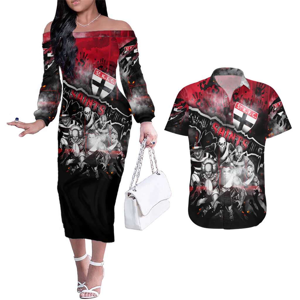 Step Into Horror Domain Saints Football Couples Matching Off The Shoulder Long Sleeve Dress and Hawaiian Shirt Halloween Horror Movie Characters - Aussie Hoodie