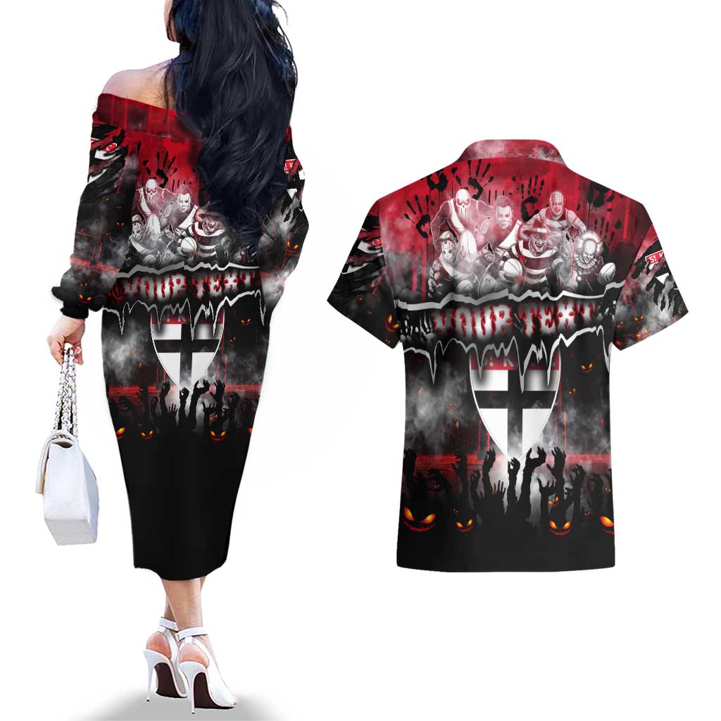 Step Into Horror Domain Saints Football Couples Matching Off The Shoulder Long Sleeve Dress and Hawaiian Shirt Halloween Horror Movie Characters - Aussie Hoodie