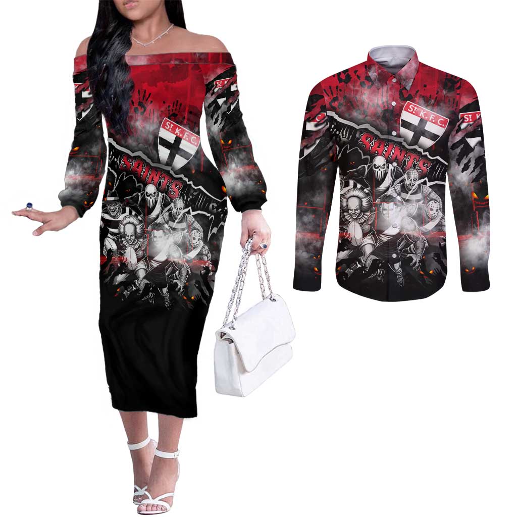 Step Into Horror Domain Saints Football Couples Matching Off The Shoulder Long Sleeve Dress and Long Sleeve Button Shirt Halloween Horror Movie Characters - Aussie Hoodie