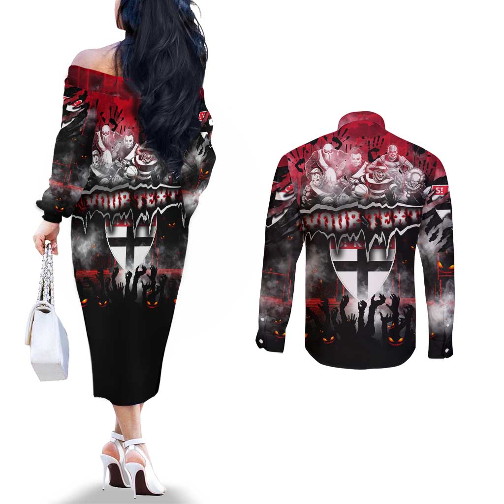 Step Into Horror Domain Saints Football Couples Matching Off The Shoulder Long Sleeve Dress and Long Sleeve Button Shirt Halloween Horror Movie Characters - Aussie Hoodie