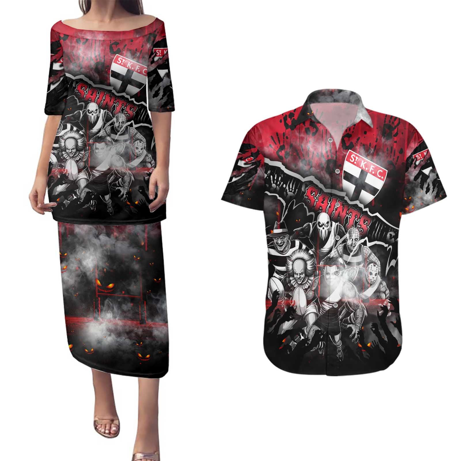 Step Into Horror Domain Saints Football Couples Matching Puletasi and Hawaiian Shirt Halloween Horror Movie Characters - Aussie Hoodie