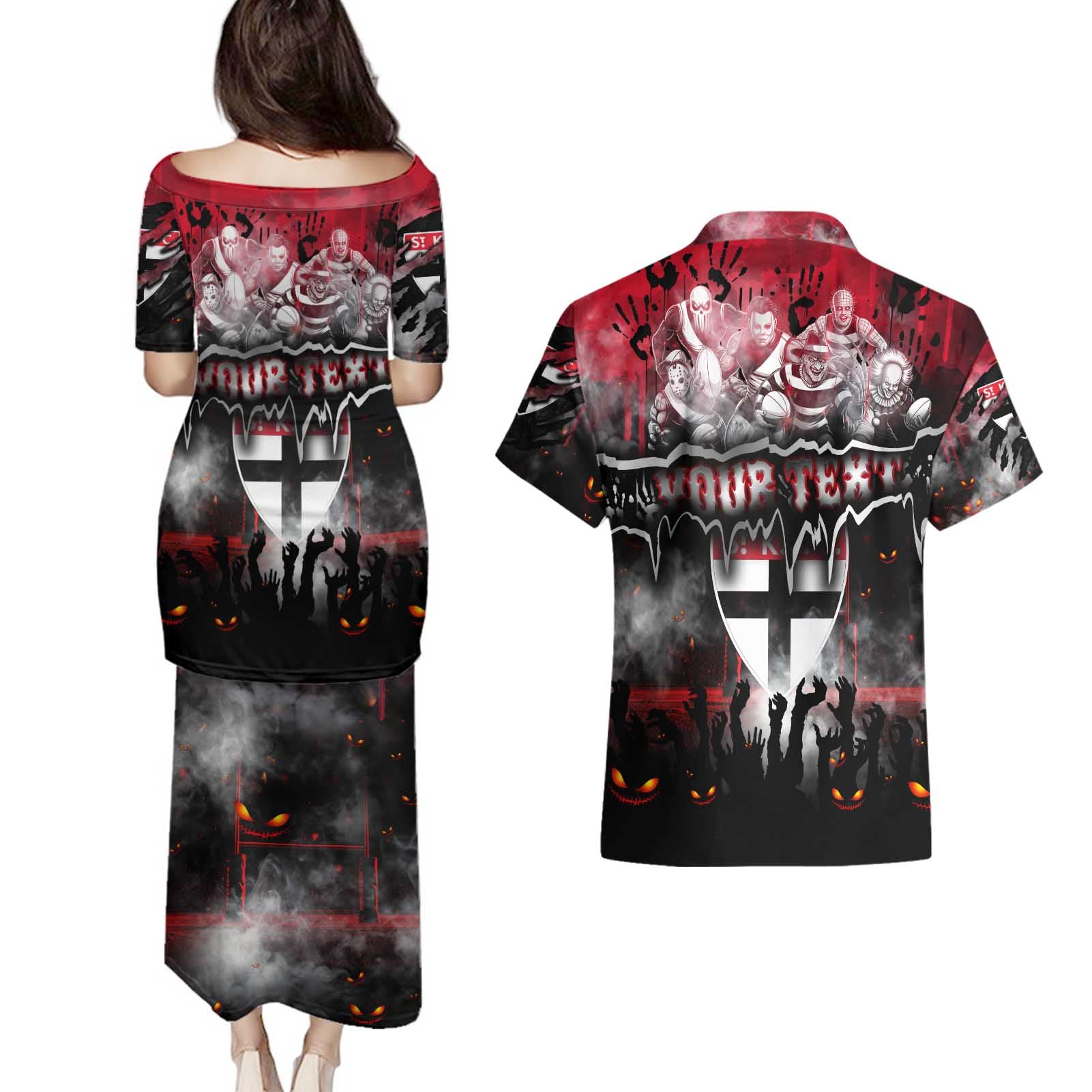 Step Into Horror Domain Saints Football Couples Matching Puletasi and Hawaiian Shirt Halloween Horror Movie Characters - Aussie Hoodie