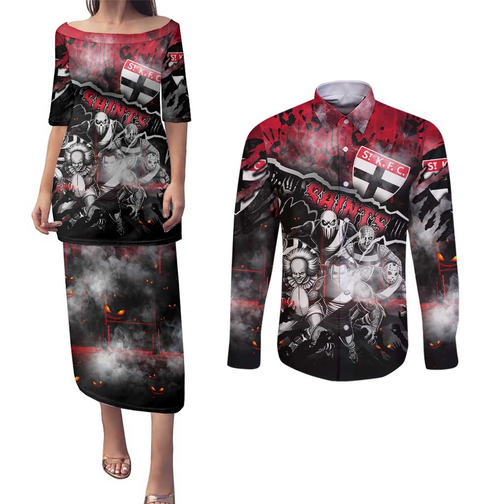 Step Into Horror Domain Saints Football Couples Matching Puletasi and Long Sleeve Button Shirt Halloween Horror Movie Characters - Aussie Hoodie