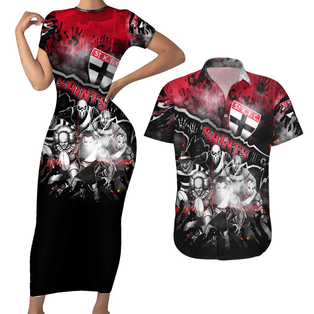 Step Into Horror Domain Saints Football Couples Matching Short Sleeve Bodycon Dress and Hawaiian Shirt Halloween Horror Movie Characters - Aussie Hoodie