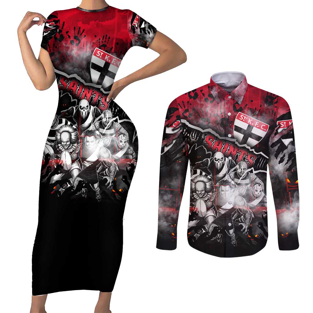 Step Into Horror Domain Saints Football Couples Matching Short Sleeve Bodycon Dress and Long Sleeve Button Shirt Halloween Horror Movie Characters - Aussie Hoodie