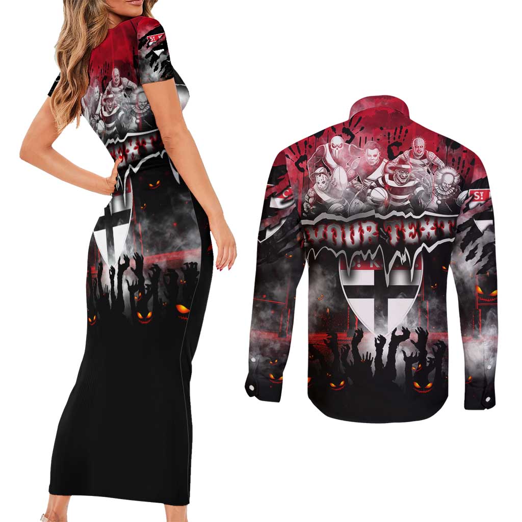 Step Into Horror Domain Saints Football Couples Matching Short Sleeve Bodycon Dress and Long Sleeve Button Shirt Halloween Horror Movie Characters - Aussie Hoodie