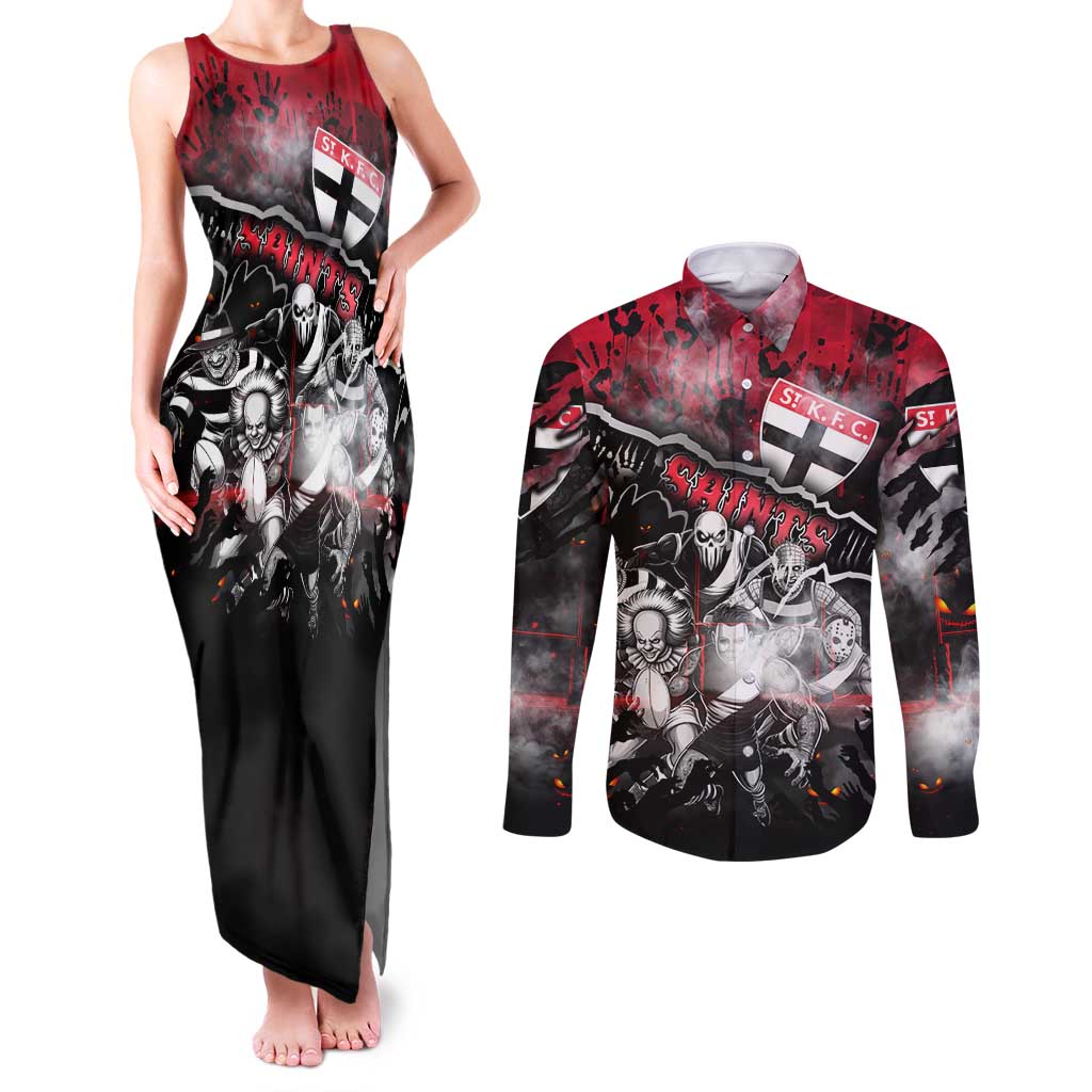 Step Into Horror Domain Saints Football Couples Matching Tank Maxi Dress and Long Sleeve Button Shirt Halloween Horror Movie Characters - Aussie Hoodie
