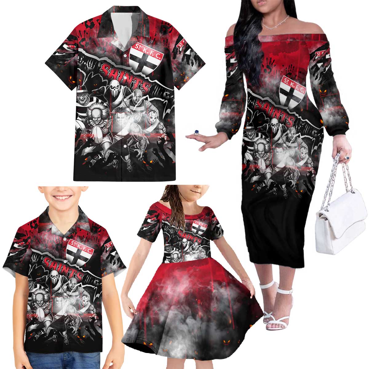 Step Into Horror Domain Saints Football Family Matching Off The Shoulder Long Sleeve Dress and Hawaiian Shirt Halloween Horror Movie Characters - Aussie Hoodie
