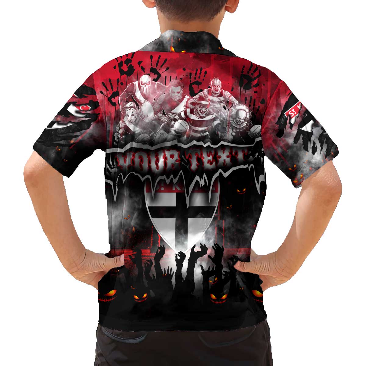 Step Into Horror Domain Saints Football Family Matching Off The Shoulder Long Sleeve Dress and Hawaiian Shirt Halloween Horror Movie Characters - Aussie Hoodie