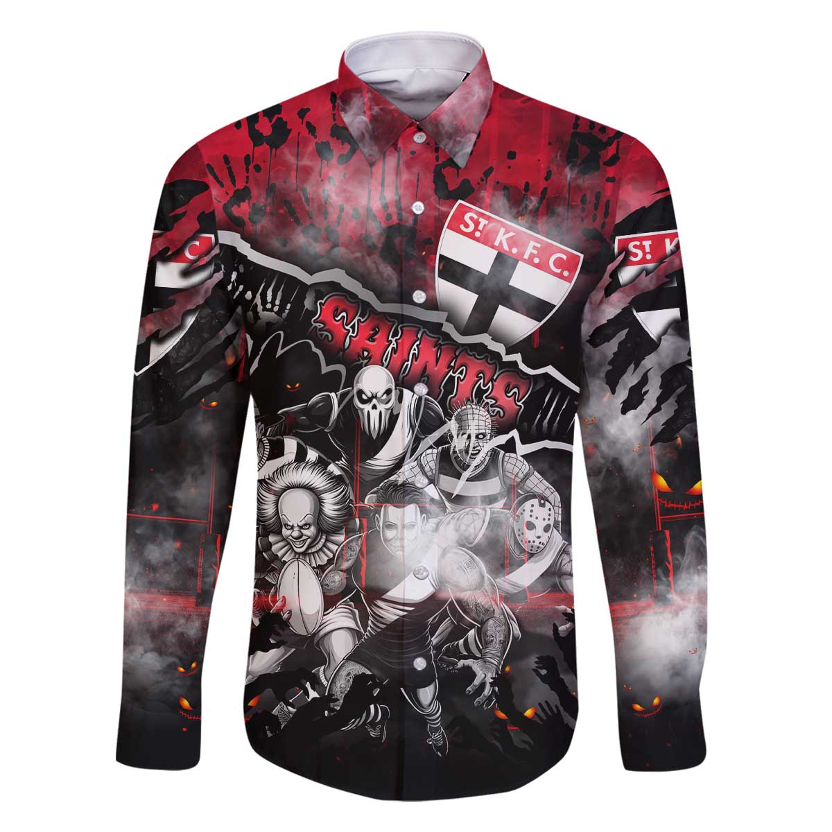 Step Into Horror Domain Saints Football Family Matching Off The Shoulder Long Sleeve Dress and Hawaiian Shirt Halloween Horror Movie Characters - Aussie Hoodie