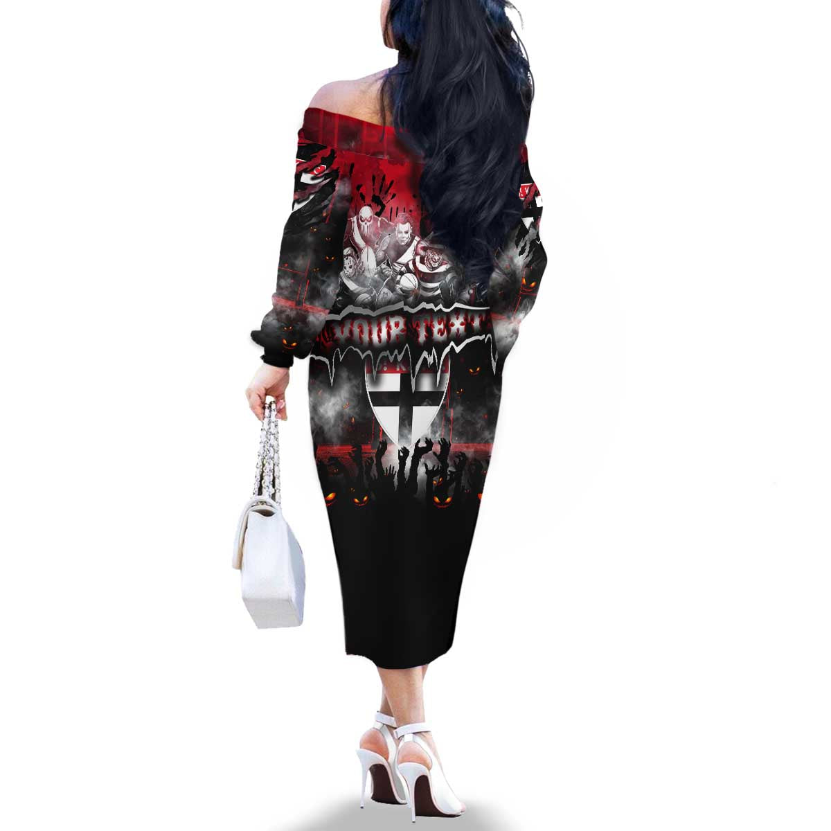 Step Into Horror Domain Saints Football Family Matching Off The Shoulder Long Sleeve Dress and Hawaiian Shirt Halloween Horror Movie Characters - Aussie Hoodie
