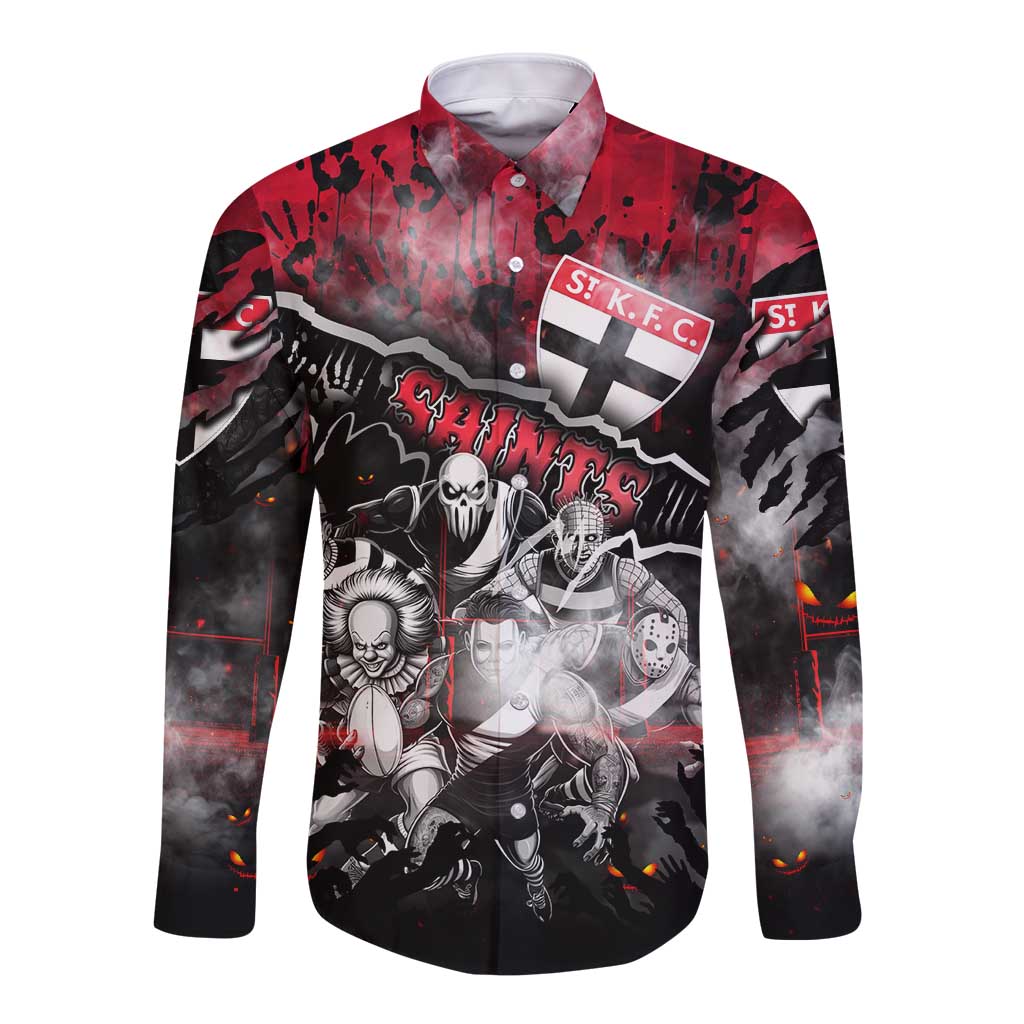 Step Into Horror Domain Saints Football Long Sleeve Button Shirt Halloween Horror Movie Characters - Aussie Hoodie