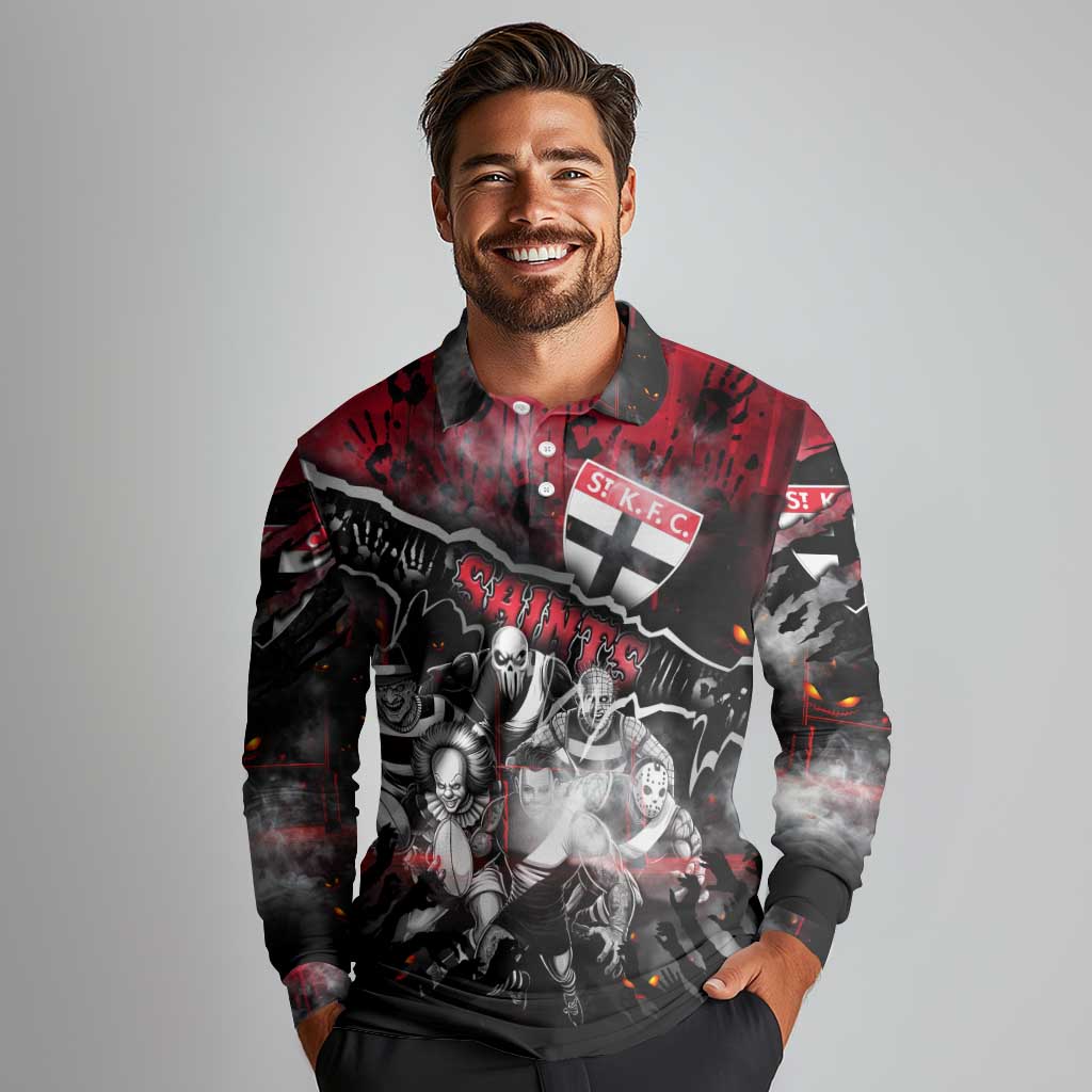 Step Into Horror Domain Saints Football Long Sleeve Polo Shirt Halloween Horror Movie Characters - Aussie Hoodie