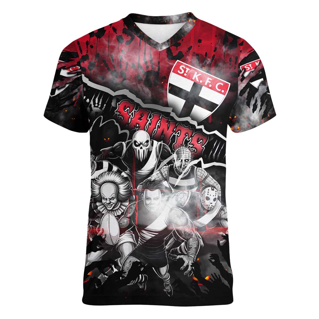 Step Into Horror Domain Saints Football Women V-Neck T-Shirt Halloween Horror Movie Characters - Aussie Hoodie