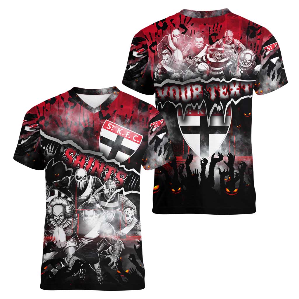 Step Into Horror Domain Saints Football Women V-Neck T-Shirt Halloween Horror Movie Characters - Aussie Hoodie