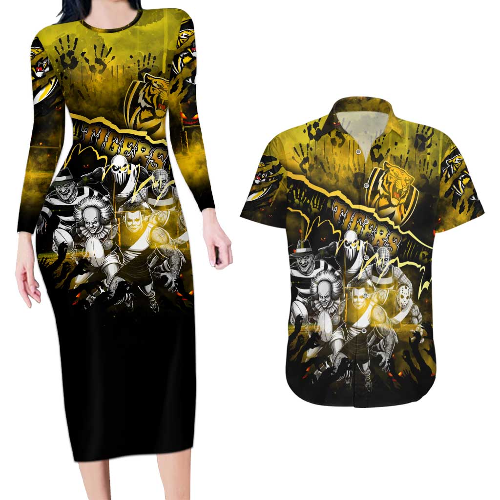 Step Into Horror Domain Tiger Football Couples Matching Long Sleeve Bodycon Dress and Hawaiian Shirt Halloween Horror Movie Characters - Aussie Hoodie