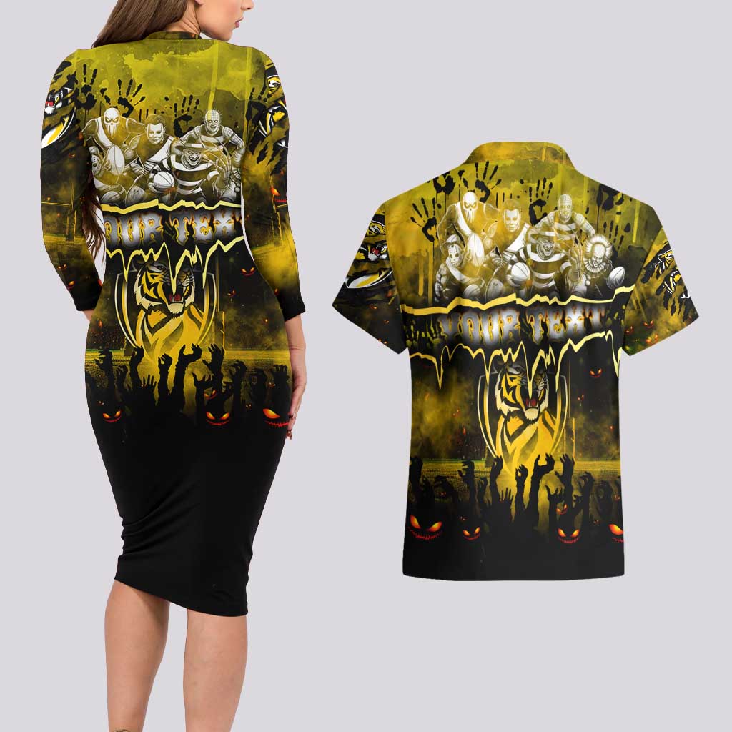 Step Into Horror Domain Tiger Football Couples Matching Long Sleeve Bodycon Dress and Hawaiian Shirt Halloween Horror Movie Characters - Aussie Hoodie