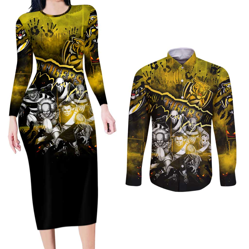 Step Into Horror Domain Tiger Football Couples Matching Long Sleeve Bodycon Dress and Long Sleeve Button Shirt Halloween Horror Movie Characters - Aussie Hoodie