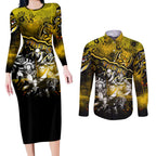 Step Into Horror Domain Tiger Football Couples Matching Long Sleeve Bodycon Dress and Long Sleeve Button Shirt Halloween Horror Movie Characters - Aussie Hoodie
