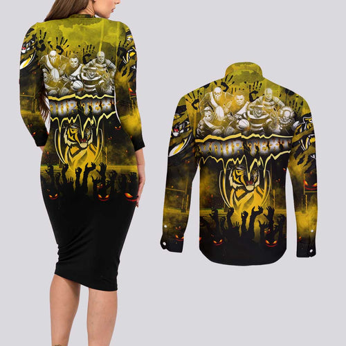 Step Into Horror Domain Tiger Football Couples Matching Long Sleeve Bodycon Dress and Long Sleeve Button Shirt Halloween Horror Movie Characters - Aussie Hoodie