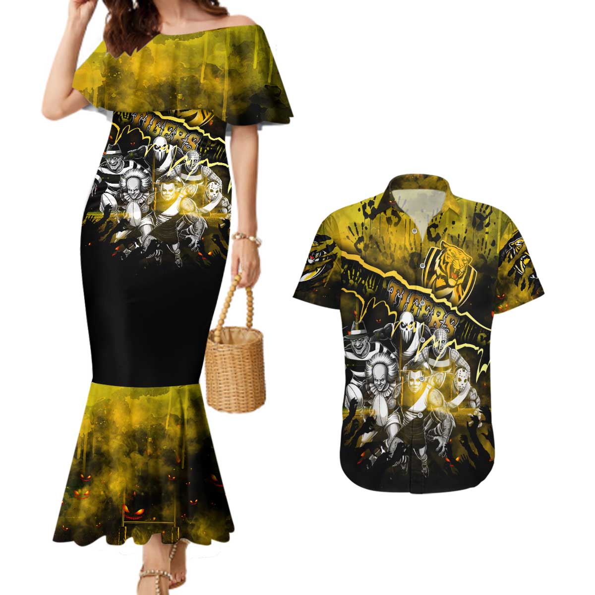 Step Into Horror Domain Tiger Football Couples Matching Mermaid Dress and Hawaiian Shirt Halloween Horror Movie Characters - Aussie Hoodie