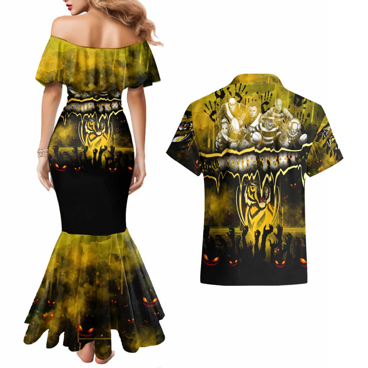 Step Into Horror Domain Tiger Football Couples Matching Mermaid Dress and Hawaiian Shirt Halloween Horror Movie Characters - Aussie Hoodie