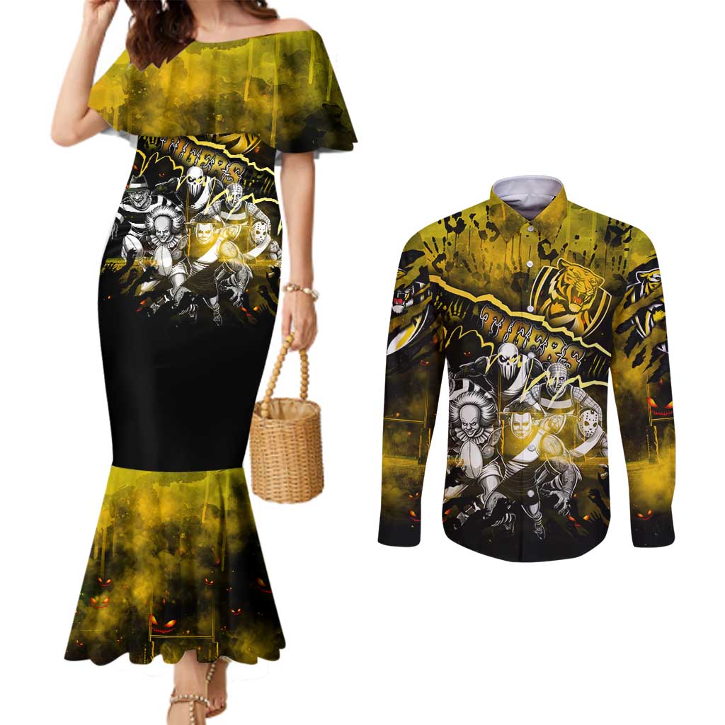 Step Into Horror Domain Tiger Football Couples Matching Mermaid Dress and Long Sleeve Button Shirt Halloween Horror Movie Characters - Aussie Hoodie