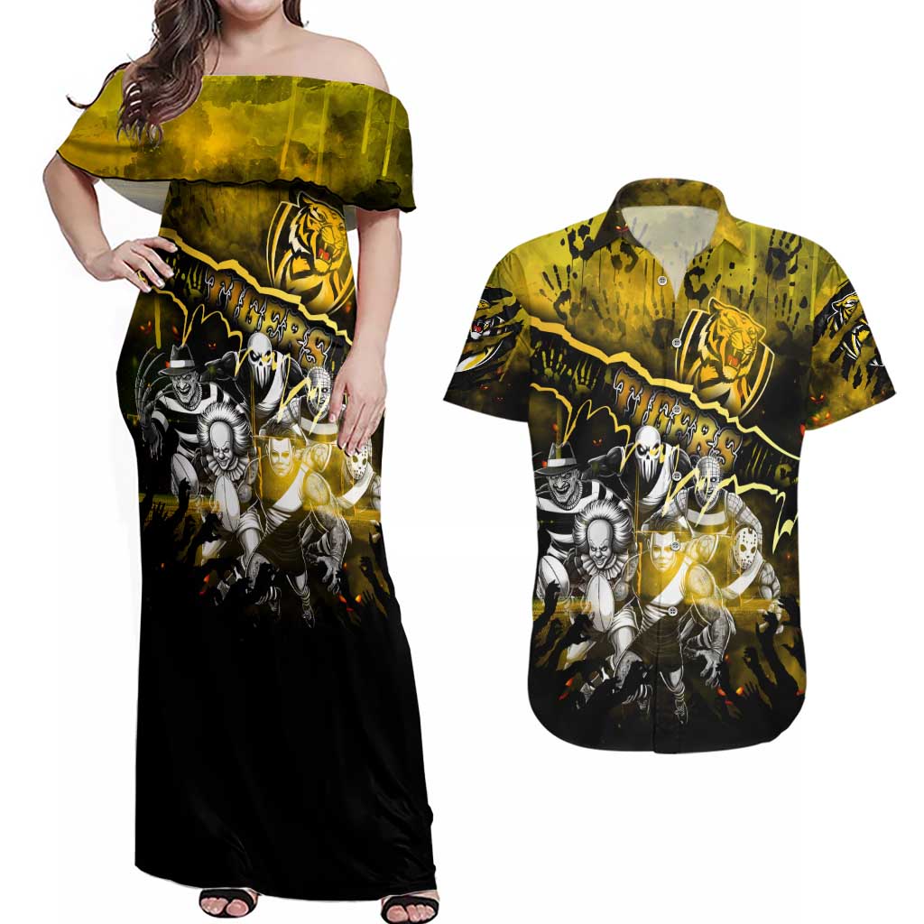 Step Into Horror Domain Tiger Football Couples Matching Off Shoulder Maxi Dress and Hawaiian Shirt Halloween Horror Movie Characters - Aussie Hoodie