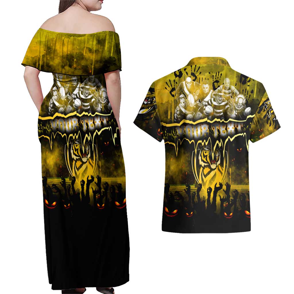 Step Into Horror Domain Tiger Football Couples Matching Off Shoulder Maxi Dress and Hawaiian Shirt Halloween Horror Movie Characters - Aussie Hoodie