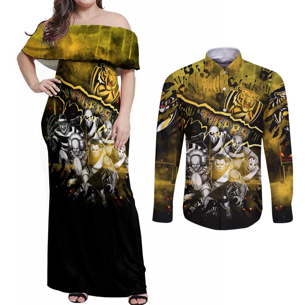 Step Into Horror Domain Tiger Football Couples Matching Off Shoulder Maxi Dress and Long Sleeve Button Shirt Halloween Horror Movie Characters - Aussie Hoodie