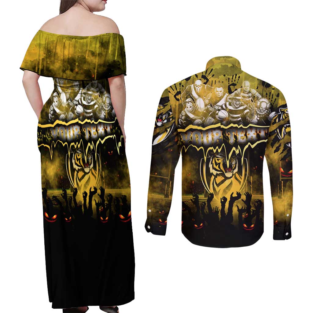 Step Into Horror Domain Tiger Football Couples Matching Off Shoulder Maxi Dress and Long Sleeve Button Shirt Halloween Horror Movie Characters - Aussie Hoodie