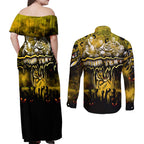 Step Into Horror Domain Tiger Football Couples Matching Off Shoulder Maxi Dress and Long Sleeve Button Shirt Halloween Horror Movie Characters - Aussie Hoodie