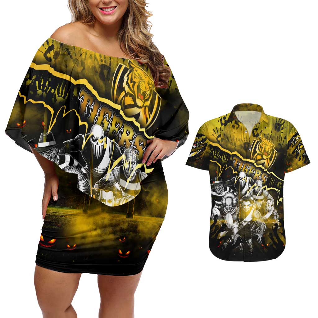 Step Into Horror Domain Tiger Football Couples Matching Off Shoulder Short Dress and Hawaiian Shirt Halloween Horror Movie Characters - Aussie Hoodie