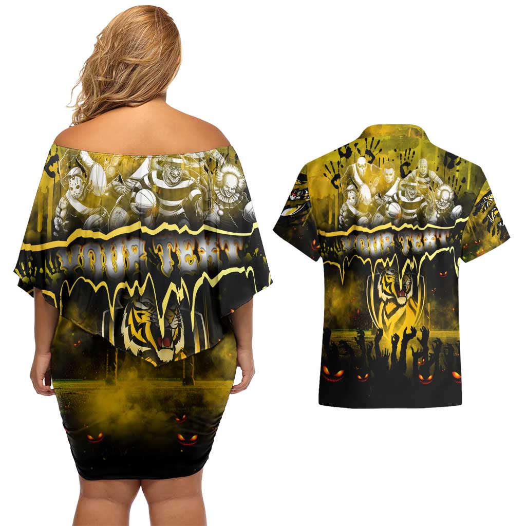 Step Into Horror Domain Tiger Football Couples Matching Off Shoulder Short Dress and Hawaiian Shirt Halloween Horror Movie Characters - Aussie Hoodie