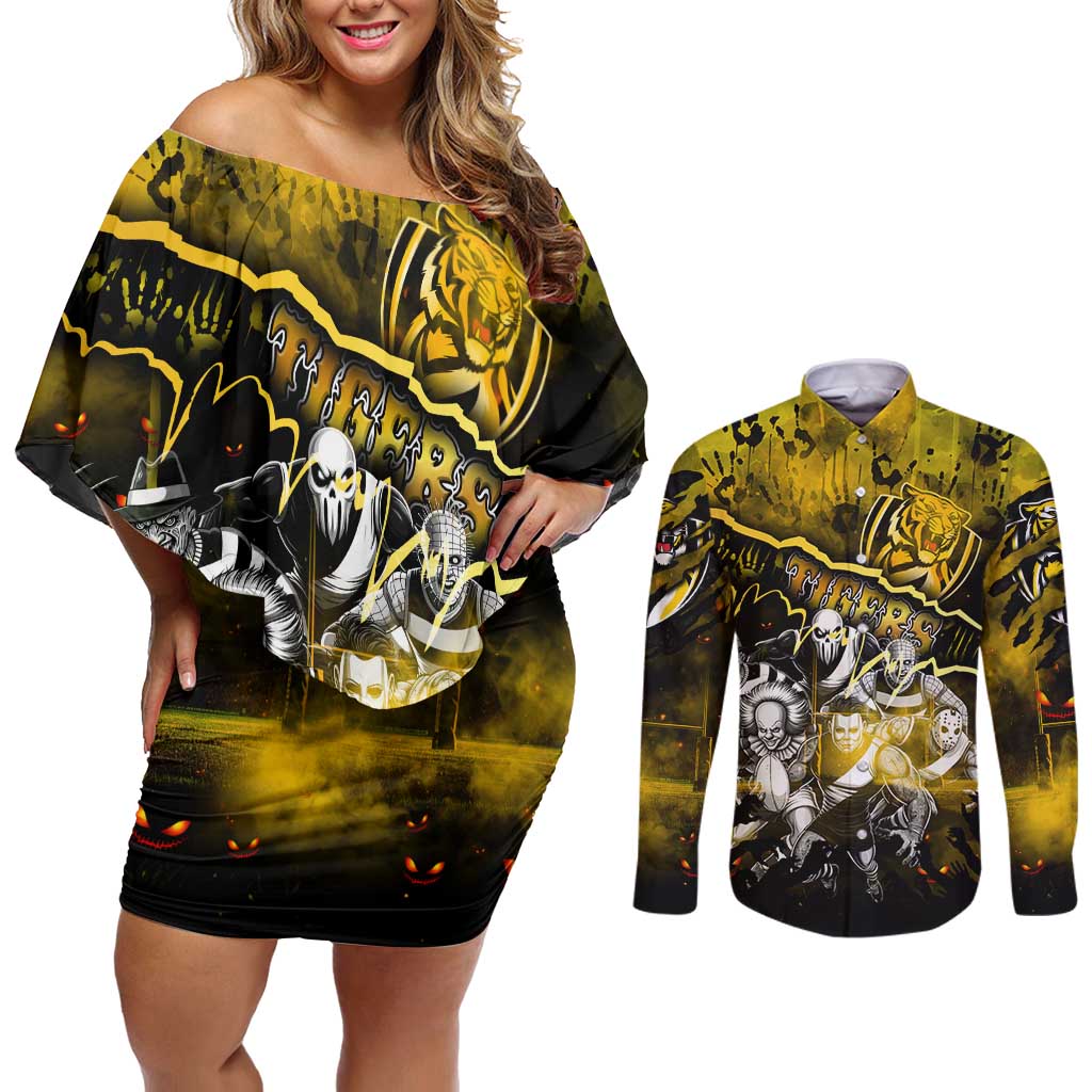Step Into Horror Domain Tiger Football Couples Matching Off Shoulder Short Dress and Long Sleeve Button Shirt Halloween Horror Movie Characters - Aussie Hoodie