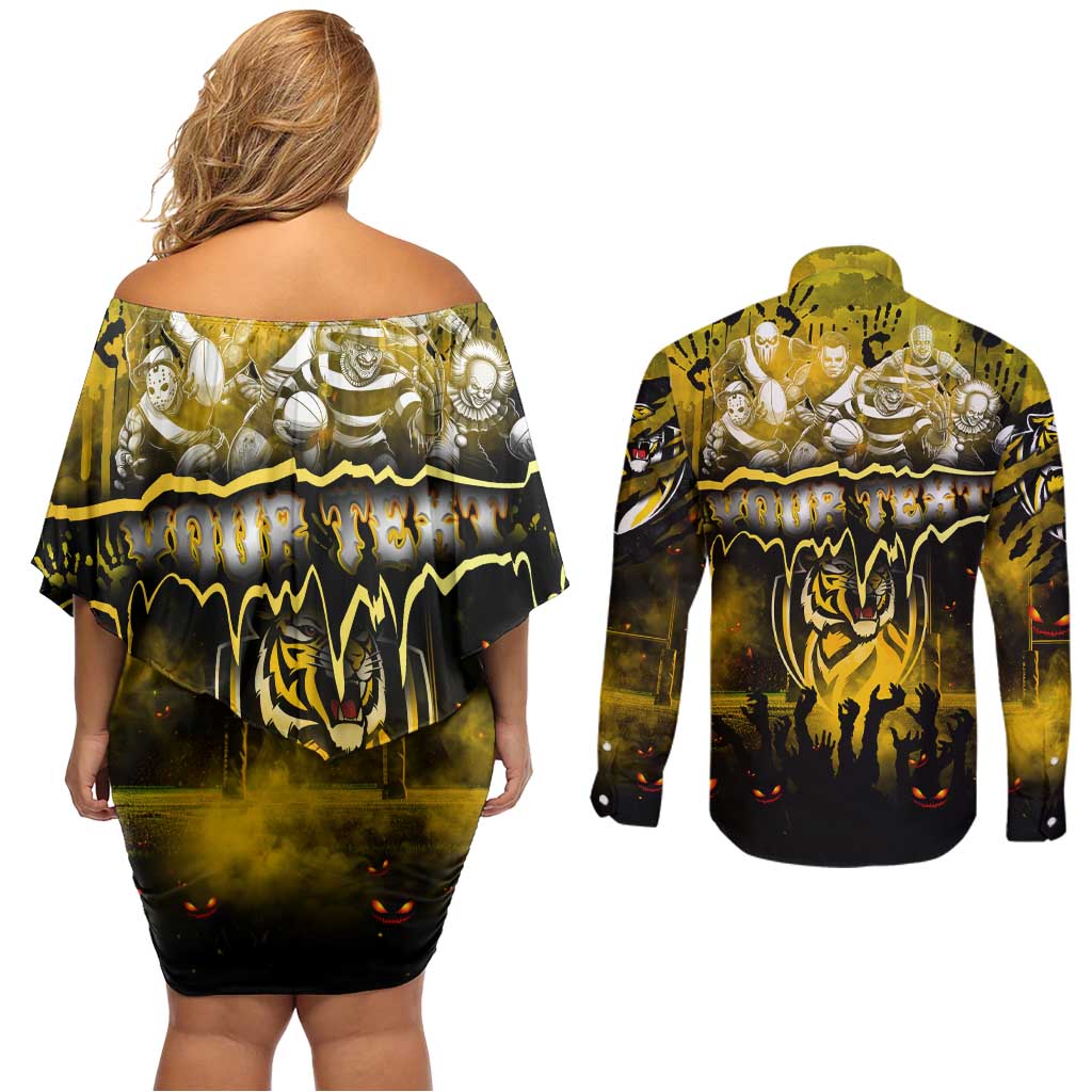 Step Into Horror Domain Tiger Football Couples Matching Off Shoulder Short Dress and Long Sleeve Button Shirt Halloween Horror Movie Characters - Aussie Hoodie