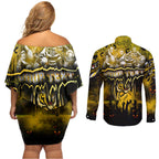 Step Into Horror Domain Tiger Football Couples Matching Off Shoulder Short Dress and Long Sleeve Button Shirt Halloween Horror Movie Characters - Aussie Hoodie