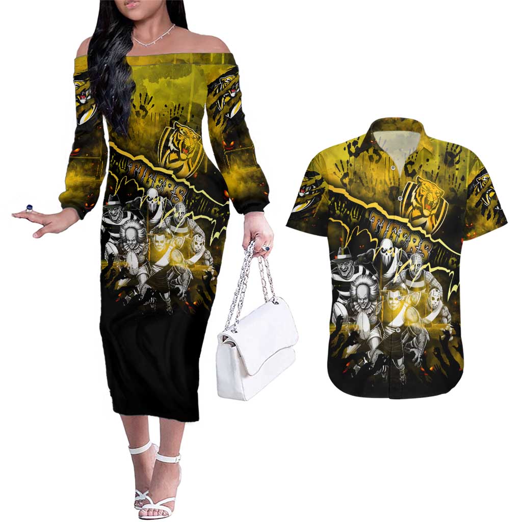 Step Into Horror Domain Tiger Football Couples Matching Off The Shoulder Long Sleeve Dress and Hawaiian Shirt Halloween Horror Movie Characters - Aussie Hoodie