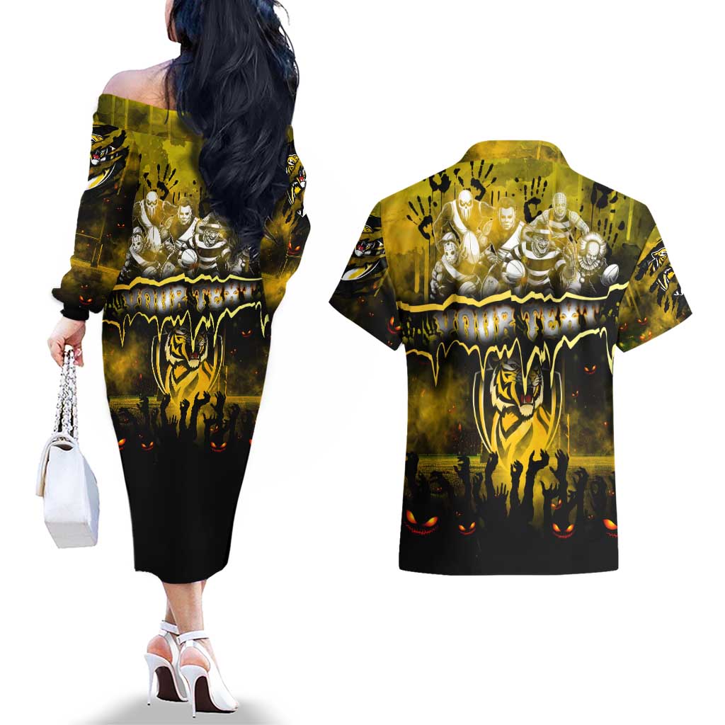 Step Into Horror Domain Tiger Football Couples Matching Off The Shoulder Long Sleeve Dress and Hawaiian Shirt Halloween Horror Movie Characters - Aussie Hoodie