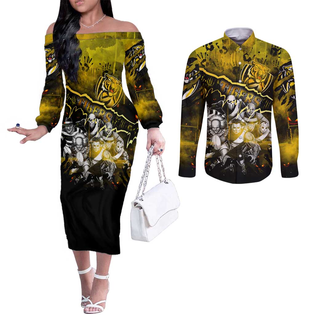 Step Into Horror Domain Tiger Football Couples Matching Off The Shoulder Long Sleeve Dress and Long Sleeve Button Shirt Halloween Horror Movie Characters - Aussie Hoodie