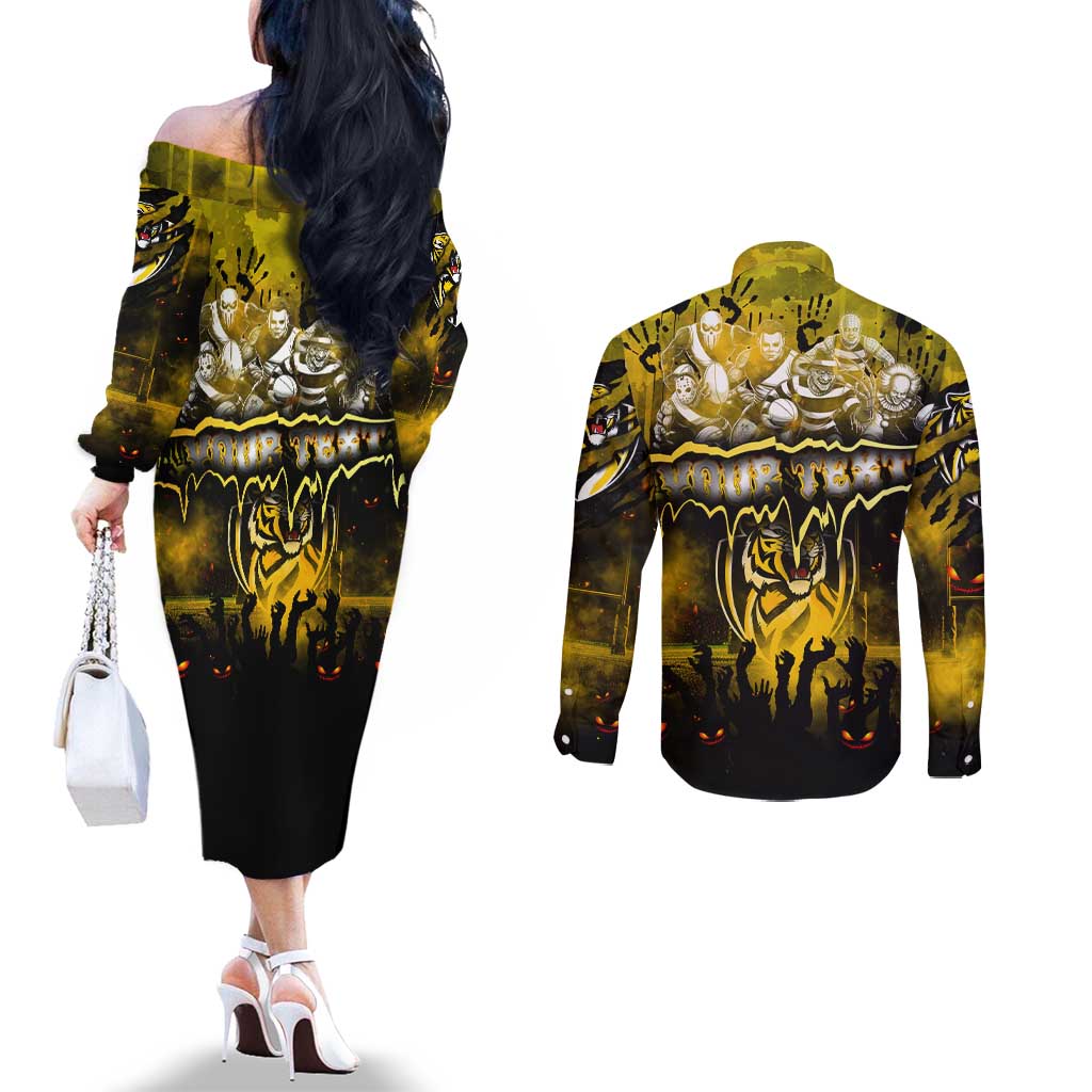 Step Into Horror Domain Tiger Football Couples Matching Off The Shoulder Long Sleeve Dress and Long Sleeve Button Shirt Halloween Horror Movie Characters - Aussie Hoodie