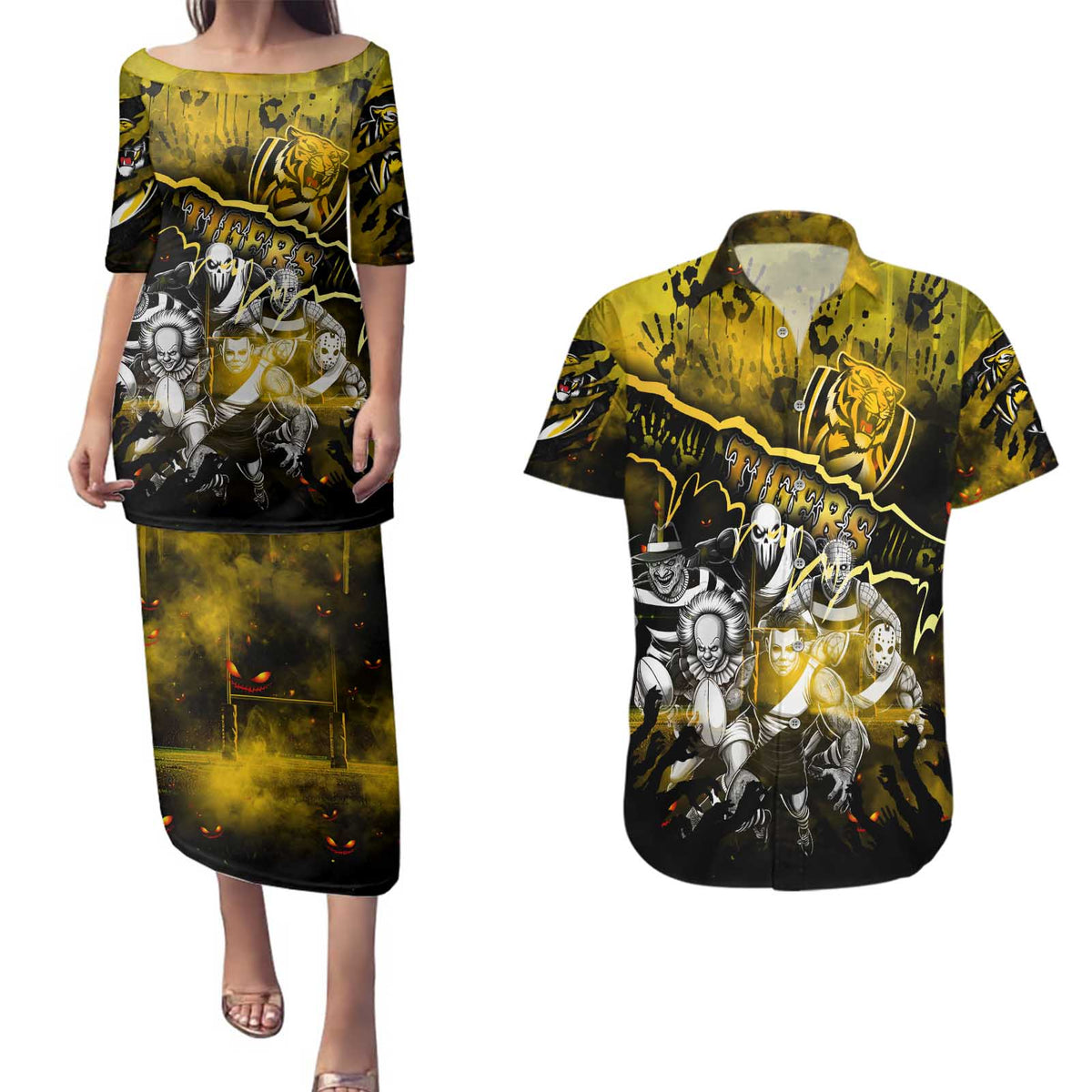Step Into Horror Domain Tiger Football Couples Matching Puletasi and Hawaiian Shirt Halloween Horror Movie Characters - Aussie Hoodie