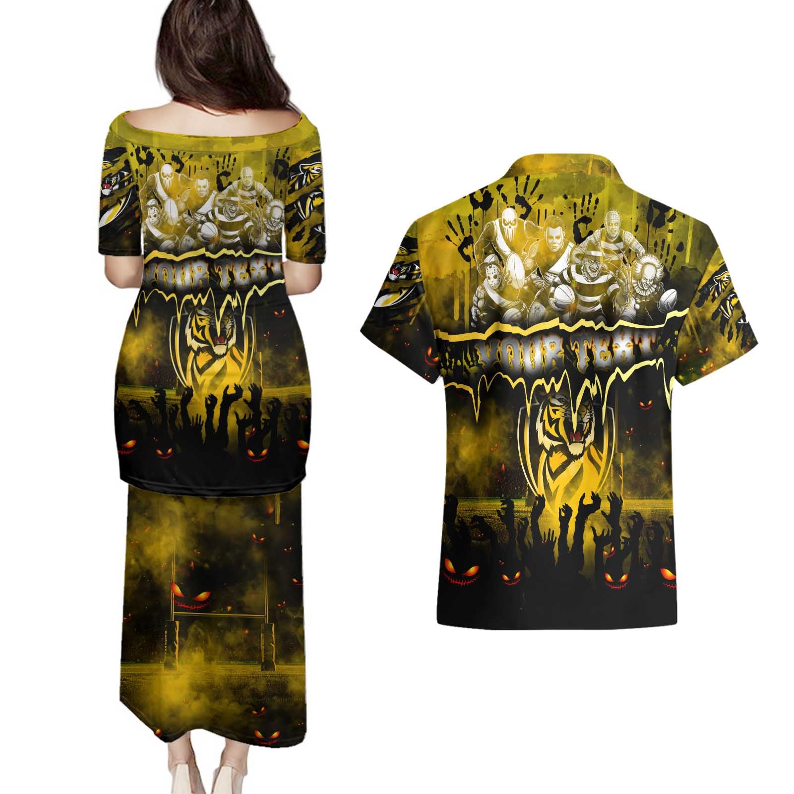Step Into Horror Domain Tiger Football Couples Matching Puletasi and Hawaiian Shirt Halloween Horror Movie Characters - Aussie Hoodie