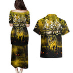 Step Into Horror Domain Tiger Football Couples Matching Puletasi and Hawaiian Shirt Halloween Horror Movie Characters - Aussie Hoodie