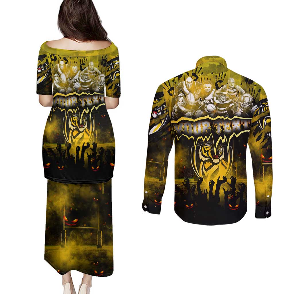 Step Into Horror Domain Tiger Football Couples Matching Puletasi and Long Sleeve Button Shirt Halloween Horror Movie Characters - Aussie Hoodie