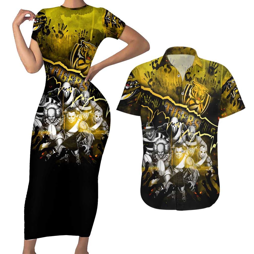 Step Into Horror Domain Tiger Football Couples Matching Short Sleeve Bodycon Dress and Hawaiian Shirt Halloween Horror Movie Characters - Aussie Hoodie